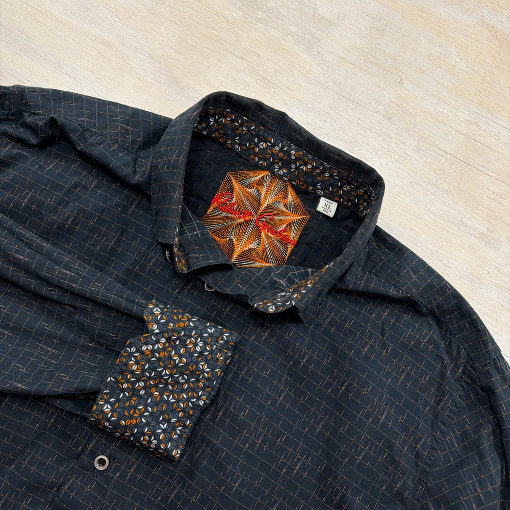Robert Graham Button Down Shirt Classic Fit Geometric Contrast Cuff Navy Men XL